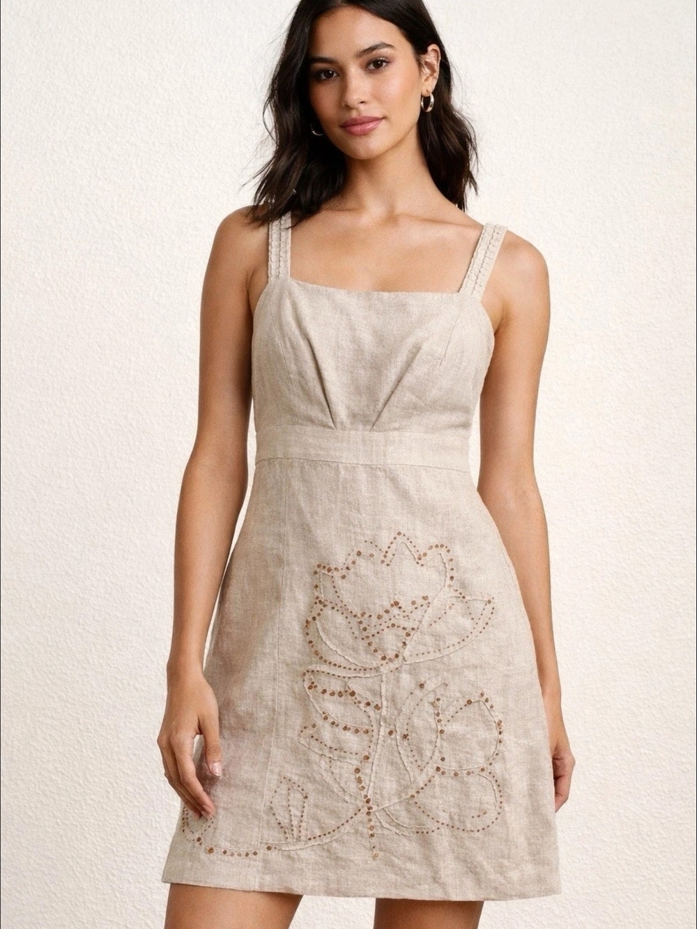 Donna Ricco Linen Beaded Lined Embroidered Flower Mini Sleeveless Dress Beige